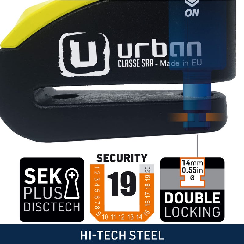 URBAN 999 Approved Motorcycle Disc Lock with Smart Alarm | 120dB, LED, Warning, A+ Sensitivity, X2 ON | SRA & Sold Secure Gold Tested Anti-Theft for Motorbike | 14mm Double Locking, Hardened Steel - Image 3