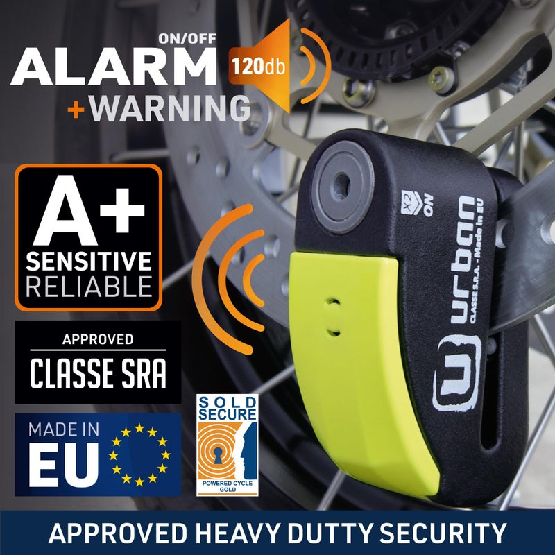 URBAN 999 Approved Motorcycle Disc Lock with Smart Alarm | 120dB, LED, Warning, A+ Sensitivity, X2 ON | SRA & Sold Secure Gold Tested Anti-Theft for Motorbike | 14mm Double Locking, Hardened Steel - Image 2