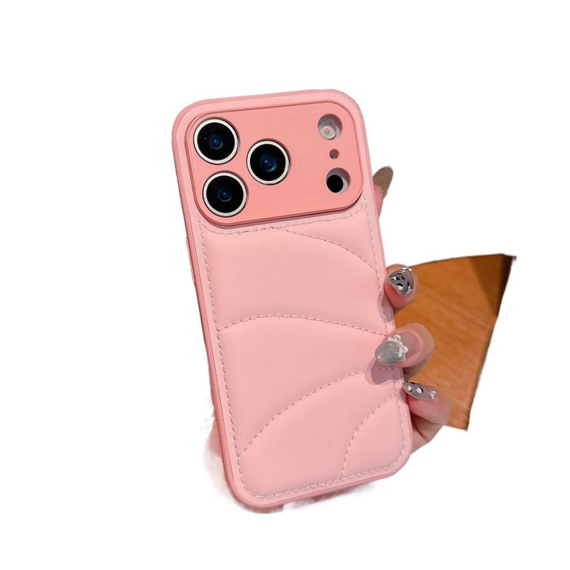 MS Leather Texture Protective Case for iPhone 16 / 16 Plus / 16 Pro / 16 Pro Max with Down Jacket Style and Two-in-One Design plus Shockproof plus Drop Protection in Pink - Image 1