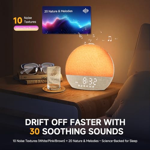 Geuuap Sunrise Alarm Clock White Noise Sound Machine for Bedroom | Natural Wake-Up Light with 30 Soothing Sleep Aids, Bluetooth Speaker, Dimmable Clock, Screen-Free Design for Baby Adults Kids-Khaki - Image 4