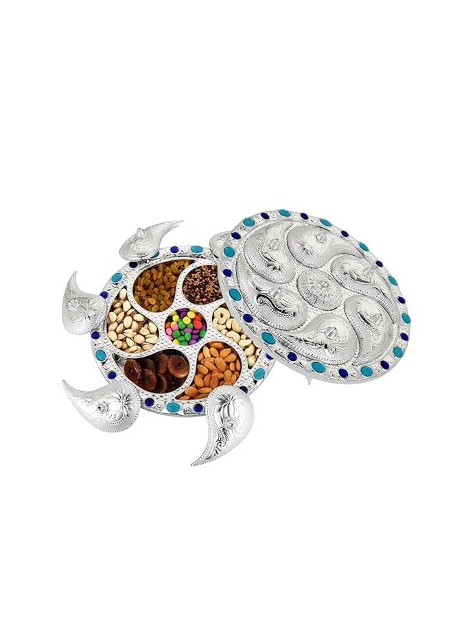 Prifremi Prifremi Decorative Sea Turtle Dry Fruit Box 7 Compartment Rotating Serving Tray Silver with Blue Stones  - Image 1