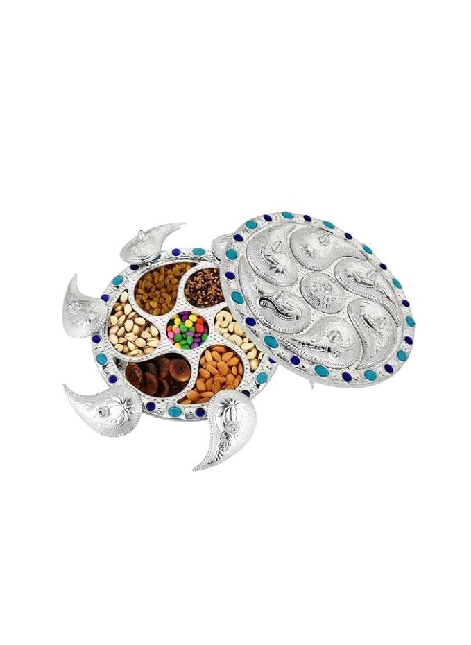 Prifremi Prifremi Decorative Sea Turtle Dry Fruit Box 7 Compartment Rotating Serving Tray Silver with Blue Stones  - Image 3