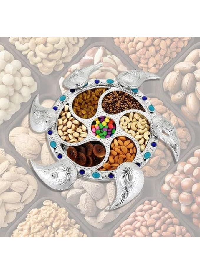Prifremi Prifremi Decorative Sea Turtle Dry Fruit Box 7 Compartment Rotating Serving Tray Silver with Blue Stones  - Image 4