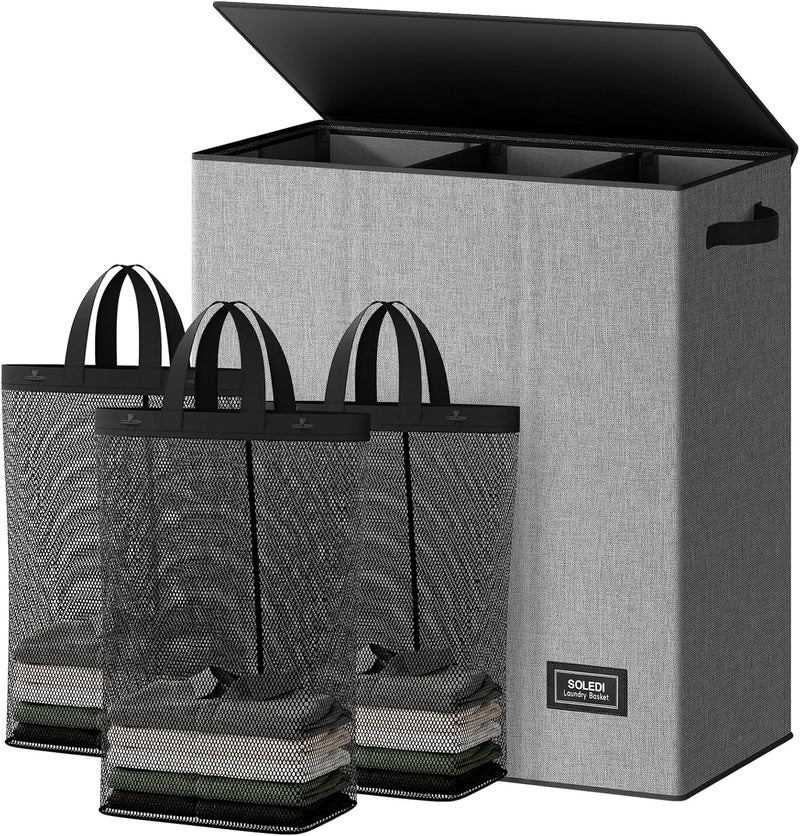 SOLEDI 160L Laundry Hamper 3 Section, Extra Large Laundry Hamper with Lid, Dirty Clothes Hamper with Sturdy Handle, Large Laundry Basket Organizer for Laundry Room, Bedroom, Hampers for Laundry - Image 1