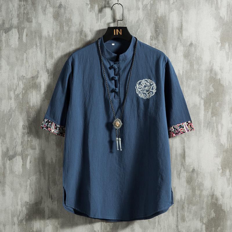 Summer Chinese Style Embroidered Short-sleeved T-shirt Men's 2023 New Arrival plus size Chubby Chaozhou Brand Loose Cotton Linen Top - Image 3