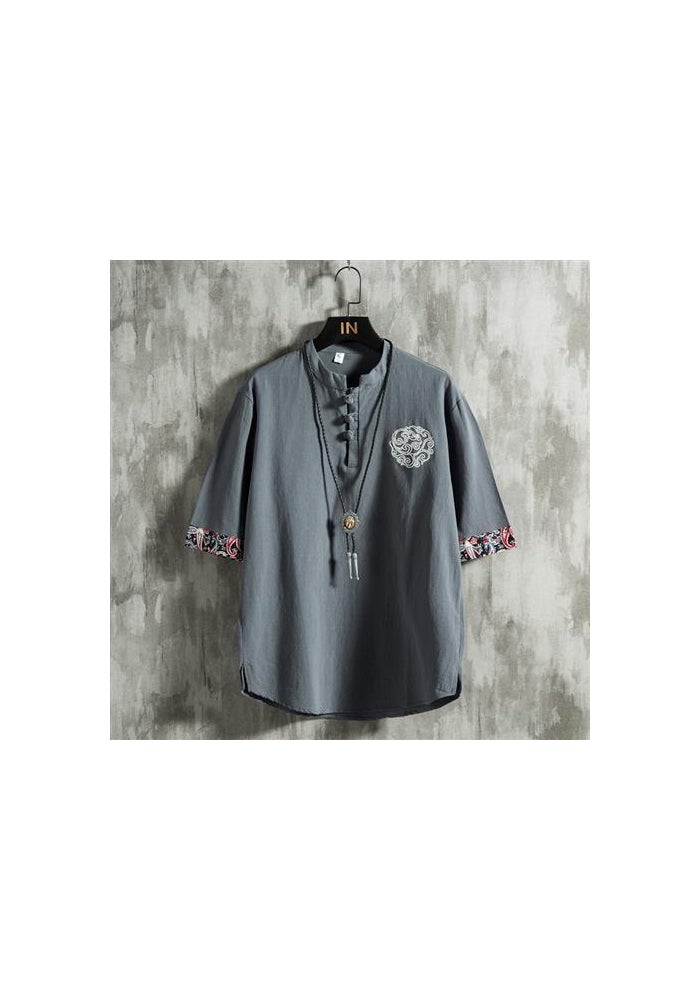 Summer Chinese Style Embroidered Short-sleeved T-shirt Men's 2023 New Arrival plus size Chubby Chaozhou Brand Loose Cotton Linen Top - Image 1