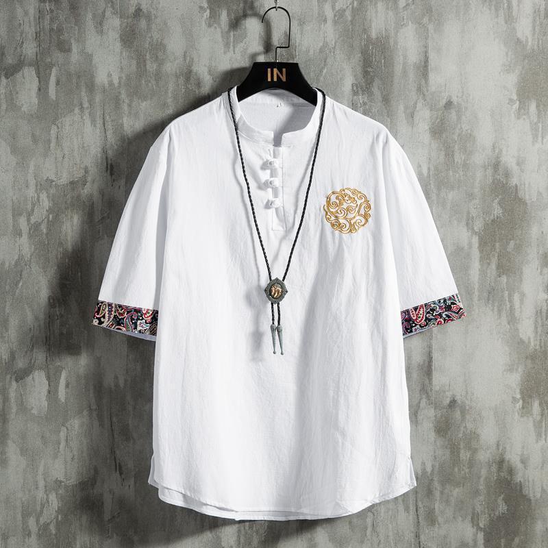 Summer Chinese Style Embroidered Short-sleeved T-shirt Men's 2023 New Arrival plus size Chubby Chaozhou Brand Loose Cotton Linen Top - Image 4