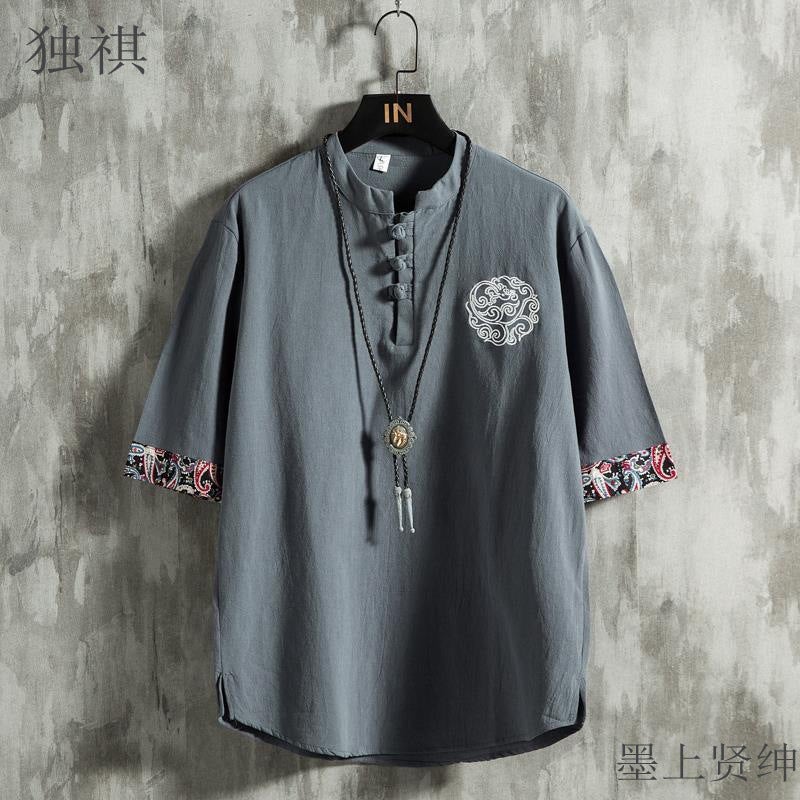 Summer Chinese Style Embroidered Short-sleeved T-shirt Men's 2023 New Arrival plus size Chubby Chaozhou Brand Loose Cotton Linen Top - Image 2