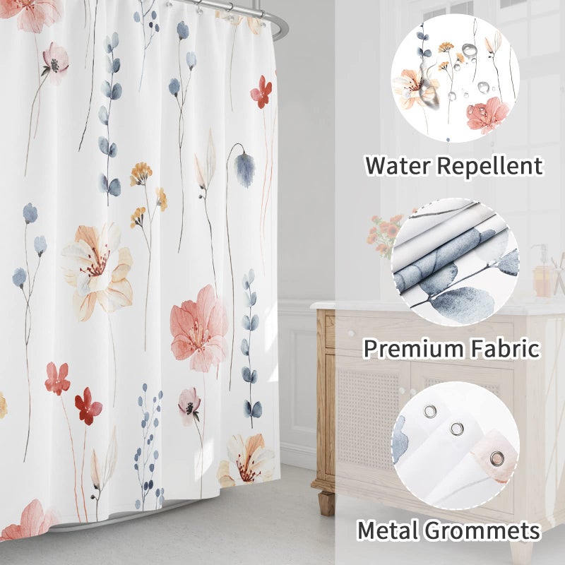 Gibelle Watercolor Floral Shower Curtain, Coral Beige Flower Shower Curtain for Bathroom, Modern Minimalist White Waterproof Fabric Shower Curtain Set 72x72 Inch - Image 3