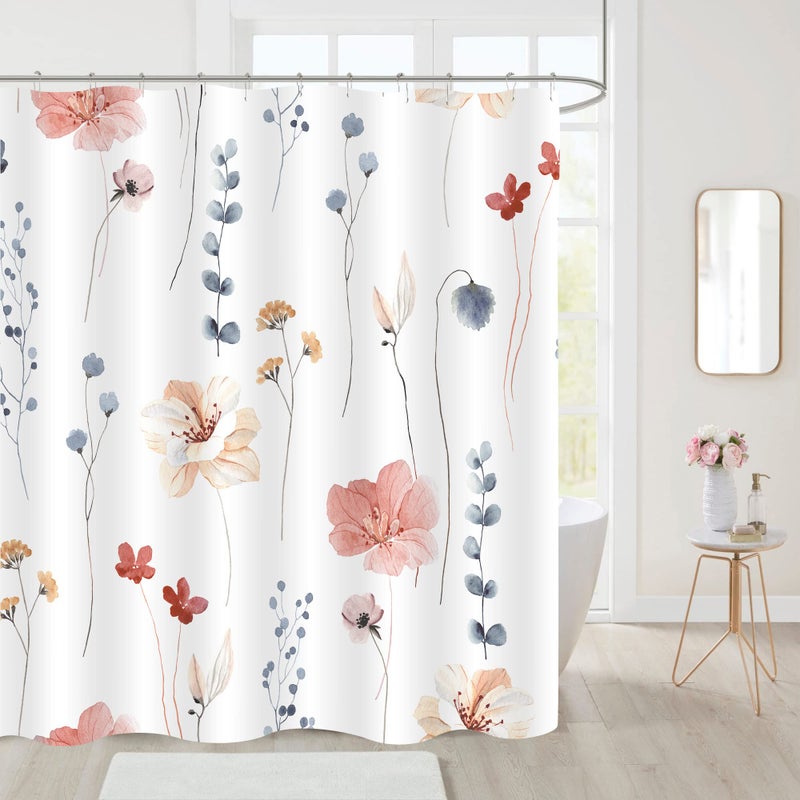 Gibelle Watercolor Floral Shower Curtain, Coral Beige Flower Shower Curtain for Bathroom, Modern Minimalist White Waterproof Fabric Shower Curtain Set 72x72 Inch - Image 2