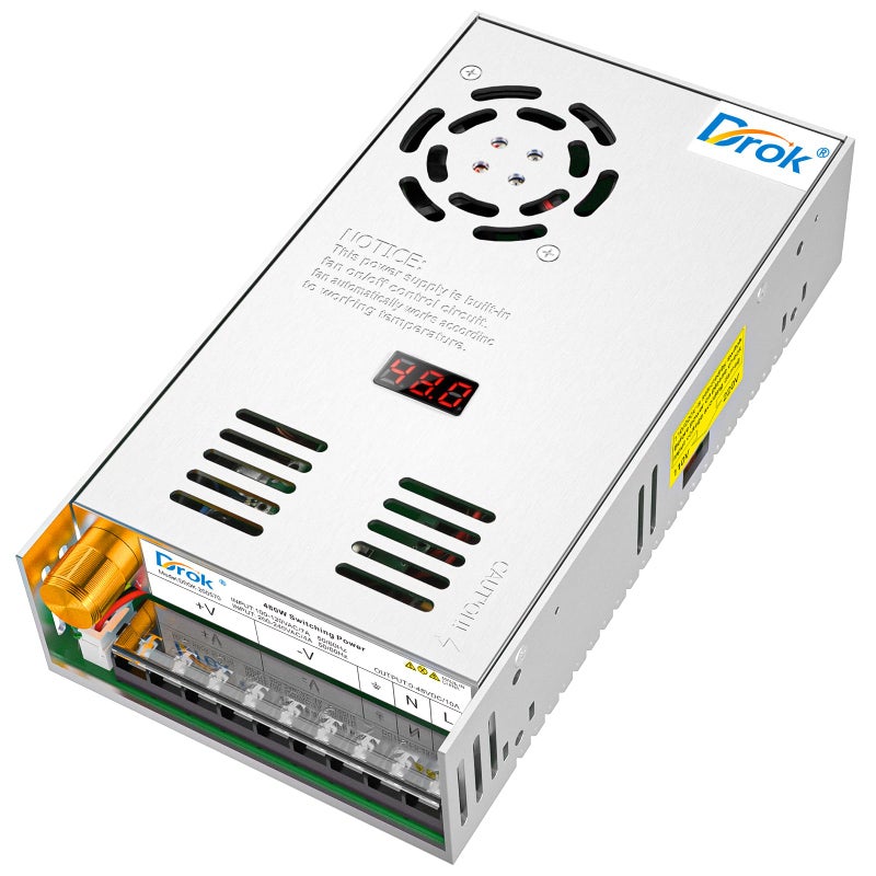 DROK 48V Power Supply, AC 110V/220V to DC 0-48V 10A 480W Buck Converter, Adjustable Variable LED Adapter Regulated 5V 12V 24V 30V 36V 48V Volt Voltage Transformer 10A Amp Charger for Lab CCTV - Image 1