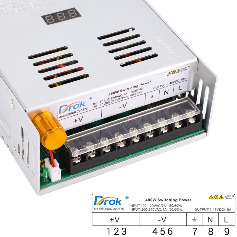 DROK 48V Power Supply, AC 110V/220V to DC 0-48V 10A 480W Buck Converter, Adjustable Variable LED Adapter Regulated 5V 12V 24V 30V 36V 48V Volt Voltage Transformer 10A Amp Charger for Lab CCTV - Image 3