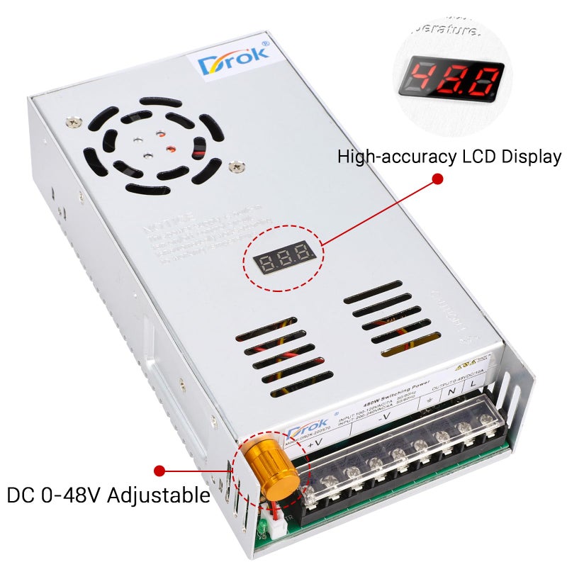 DROK 48V Power Supply, AC 110V/220V to DC 0-48V 10A 480W Buck Converter, Adjustable Variable LED Adapter Regulated 5V 12V 24V 30V 36V 48V Volt Voltage Transformer 10A Amp Charger for Lab CCTV - Image 2