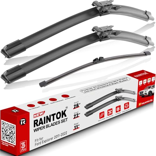 Raintok مجموعة شفرات مساحات الزجاج الأمامي RAINTOK بديل لسيارة فورد إكسبلورر 2011-2022 وشفرة مساحات الزجاج الخلفي - 26"/22"/11" (مجموعة من 3) - Image 1