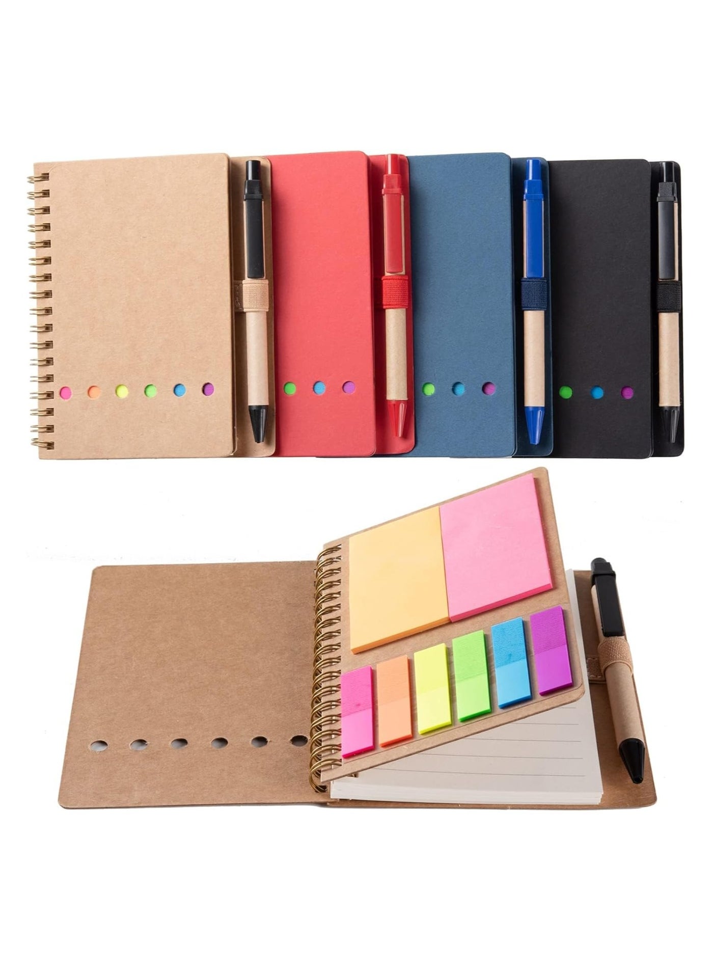 Spiral Notebooks for Note Taking 4 Packs, Small Notebooks with Pen in Holder and Sticky Notes, Page Marker Colored Index Tabs Flags (4 Colors Black/Red/Brown/Blue 4 Packs)