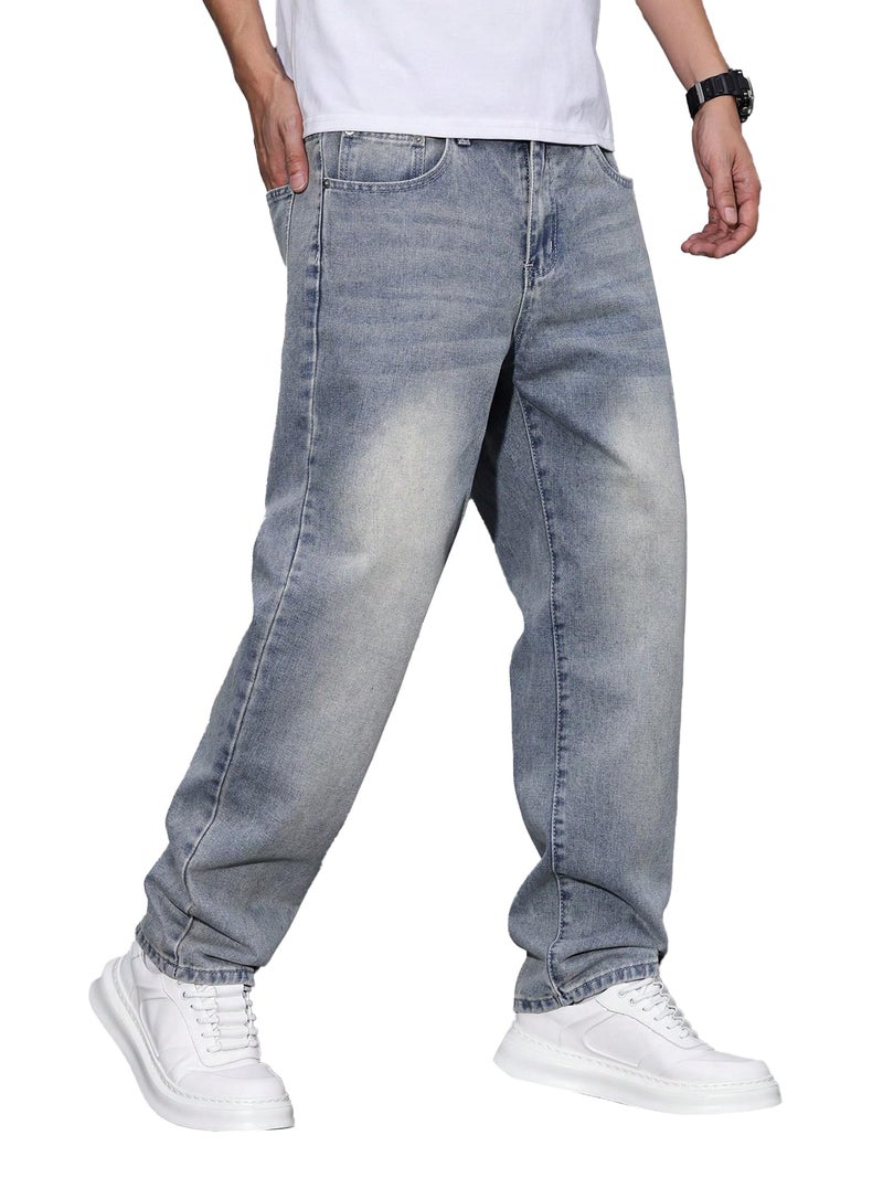 JMIERR Mens Classic Relaxed Fit Jeans Straight Stretch Casual Baggy Denim Pants Streetwear Jeans, S, Stone Blue - Image 1