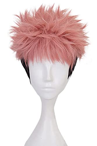 LeMarnia Men's Short Wavy Wig Pink Ombre Black Bangs Anime itadori Wigs for Halloween Cosplay Costume Wig - Image 1