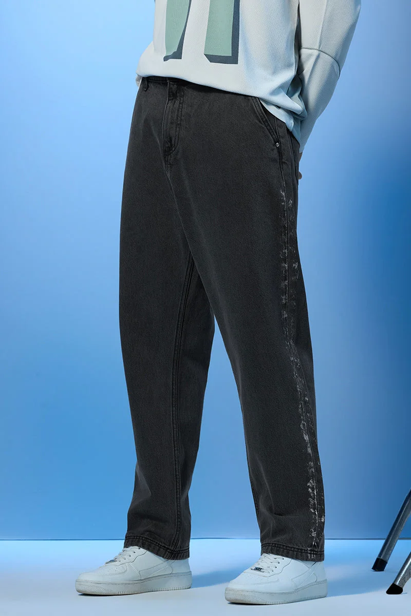 سنيتش Charcoal Grey Textured Wide Leg Streetwear Jeans