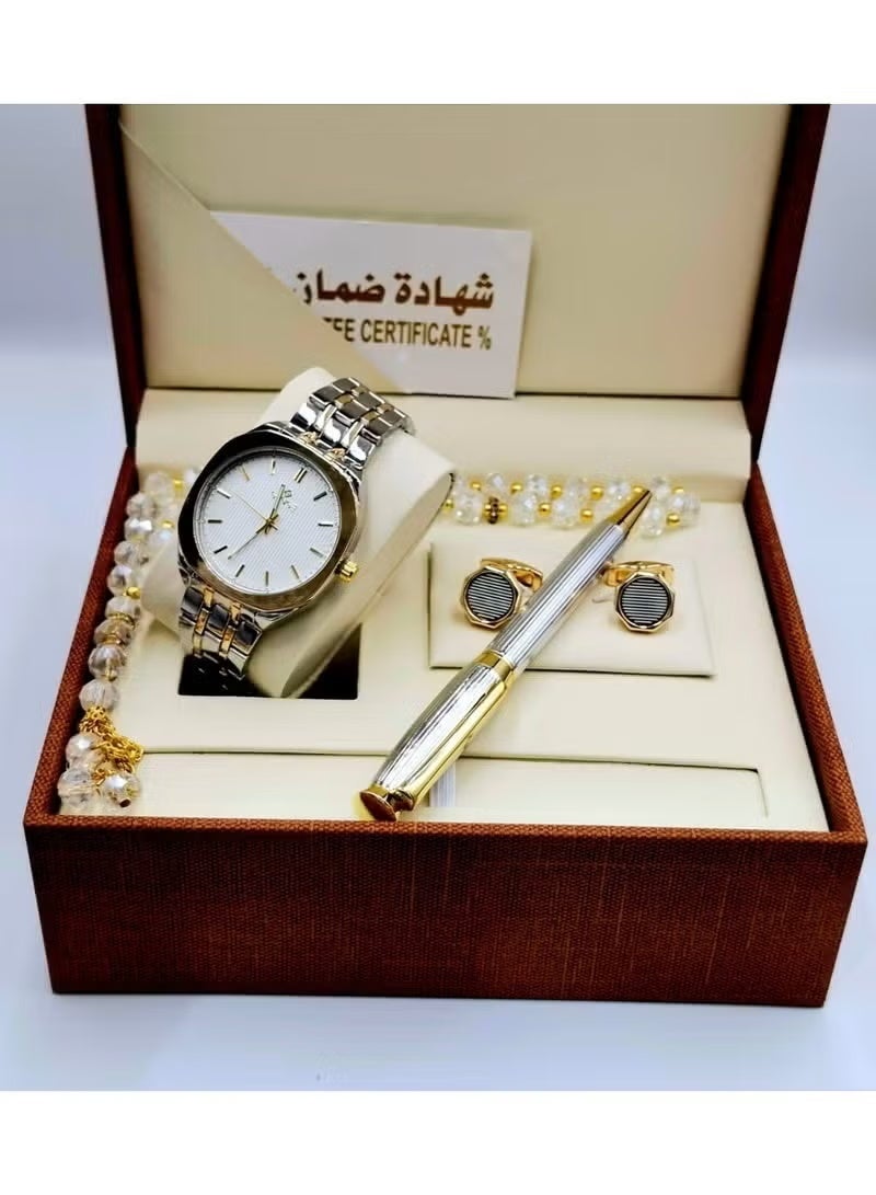 طقم إكسسوارات رجالي فاخر يحتوي على ساعة يد، قلم، أزرار أكمام (كبك)، ومسبحة في علبة هدايا.