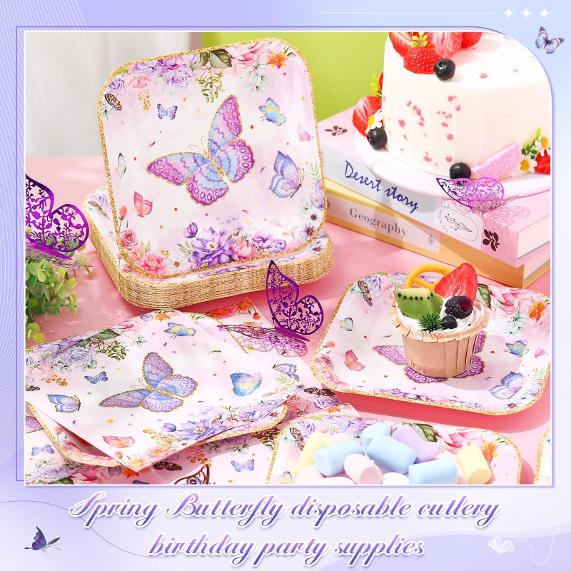 Funnymoom 72 Pcs Spring Butterfly Party Supplies for 36 Guests 7'' Purple Butterfly Paper Plates and Napkins Disposable Dessert Plates Tableware Decorations for Spring Holiday Party Favors - Image 1