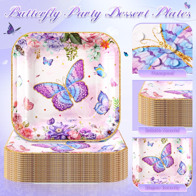 Funnymoom 72 Pcs Spring Butterfly Party Supplies for 36 Guests 7'' Purple Butterfly Paper Plates and Napkins Disposable Dessert Plates Tableware Decorations for Spring Holiday Party Favors - Image 2