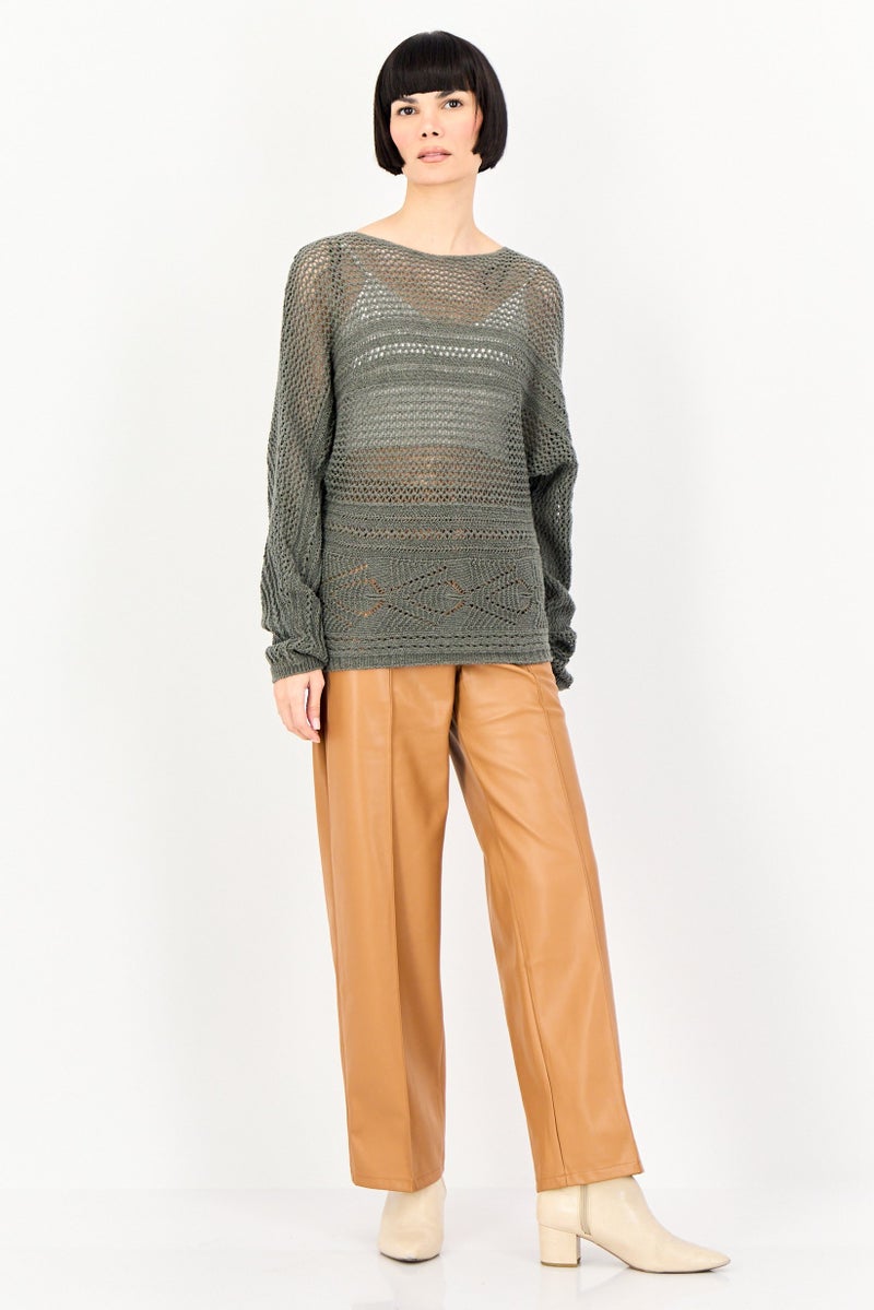 promod Women Round Neck Textured Sweater, Olive - Image 4