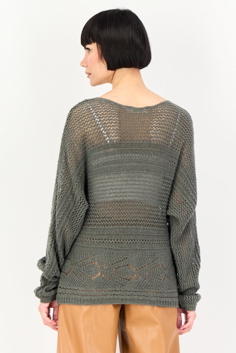 promod Women Round Neck Textured Sweater, Olive - Image 3