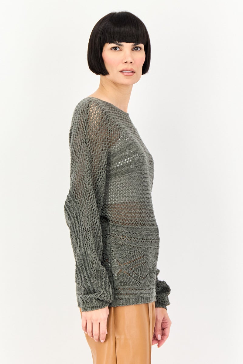 promod Women Round Neck Textured Sweater, Olive - Image 2