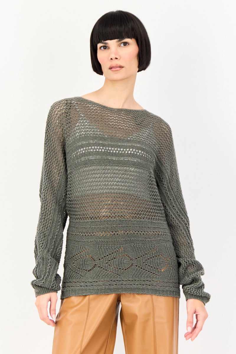 promod Women Round Neck Textured Sweater, Olive - Image 1