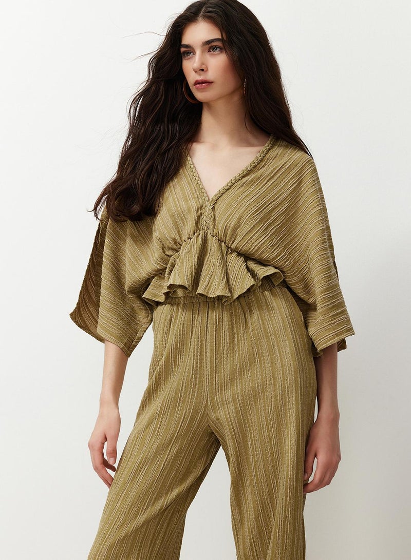 trendyol Oil Green Textured Fabric Flounces Woven Blouse Twoss24Bz00480 - Image 1