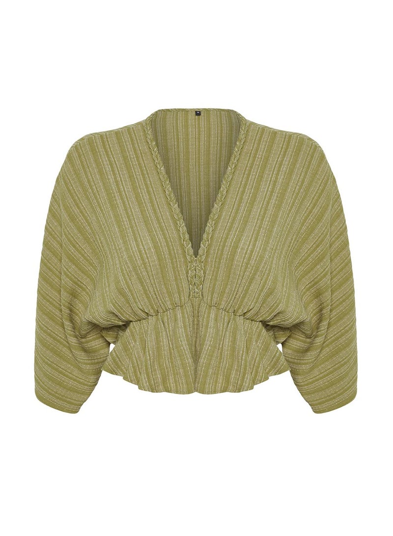 trendyol Oil Green Textured Fabric Flounces Woven Blouse Twoss24Bz00480 - Image 5