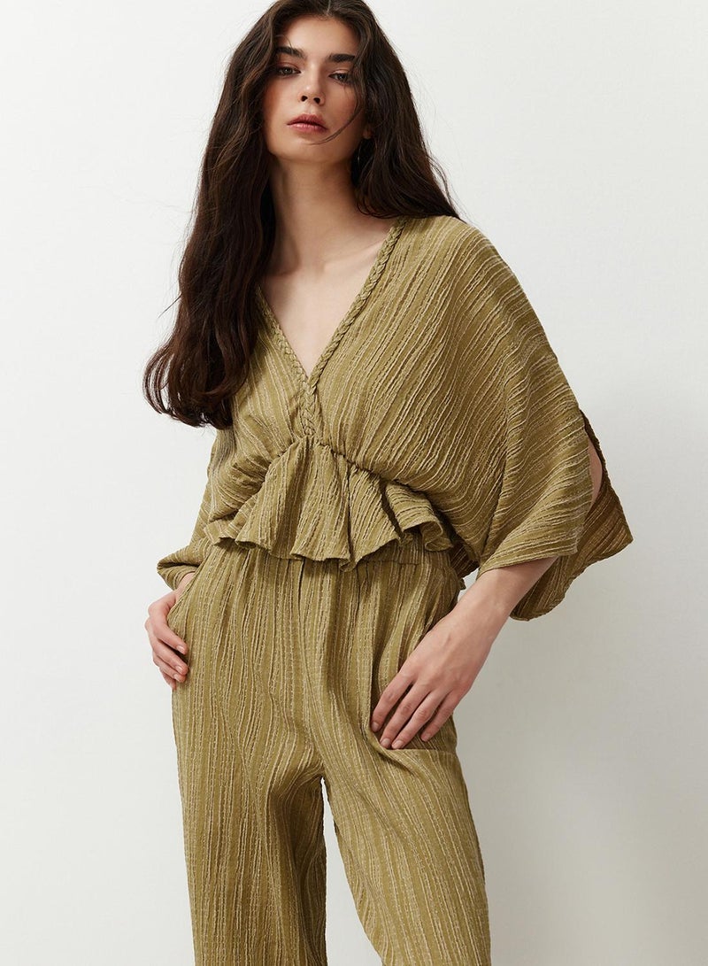 trendyol Oil Green Textured Fabric Flounces Woven Blouse Twoss24Bz00480 - Image 3