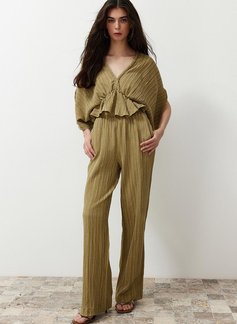 trendyol Oil Green Textured Fabric Flounces Woven Blouse Twoss24Bz00480 - Image 2