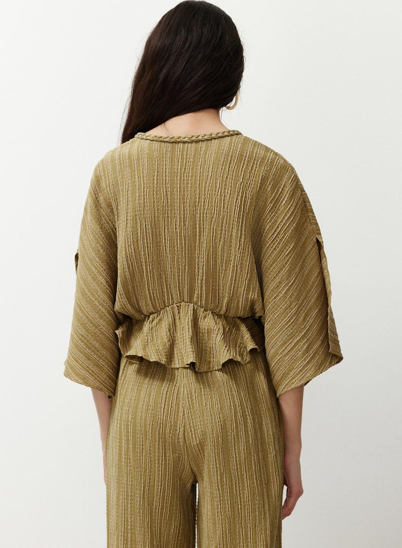 trendyol Oil Green Textured Fabric Flounces Woven Blouse Twoss24Bz00480 - Image 4