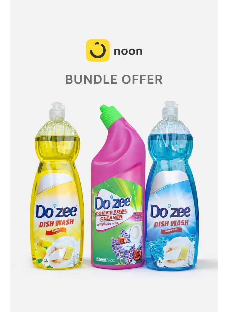Do'zee Cleaning Bundle | Turbo Blue Dish Wash 1L + Lemon Dish Wash 1L + Floral Toilet Cleaner 0.5L - Image 1