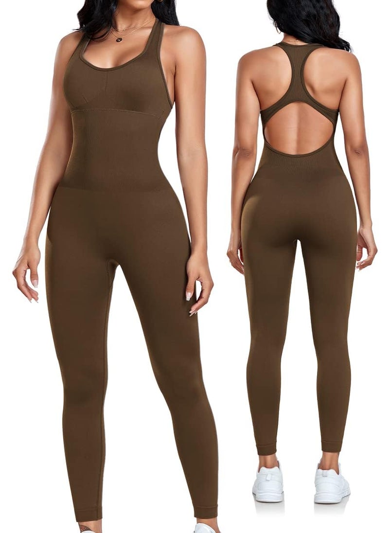 OLCHEE Womens Workout Jumpsuits Seamless Yoga Gym Bodycon Rompers Sexy Racerback Tummy Control Padded Bra Unitard - Brown Small