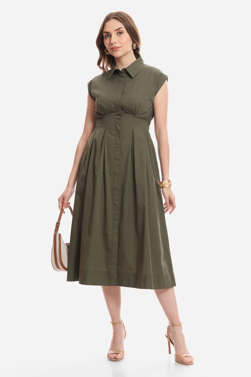 فيرجيو Solid Cotton Fit & Flare Pleated Shirt Midi Dress for Women