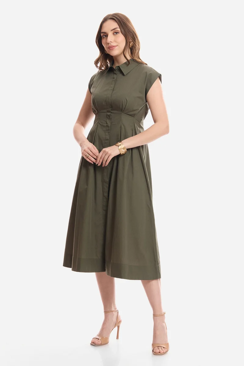 فيرجيو Solid Cotton Fit & Flare Pleated Shirt Midi Dress for Women