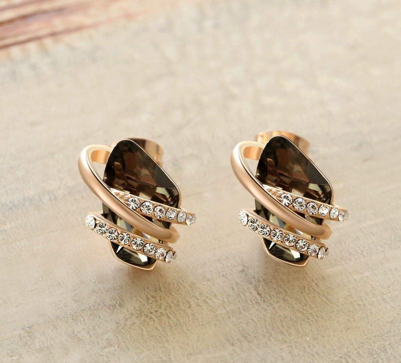 Leafael Wish Stone Stud Earrings with Silver Black Crystal, 18K Rose Gold Plated - Image 2