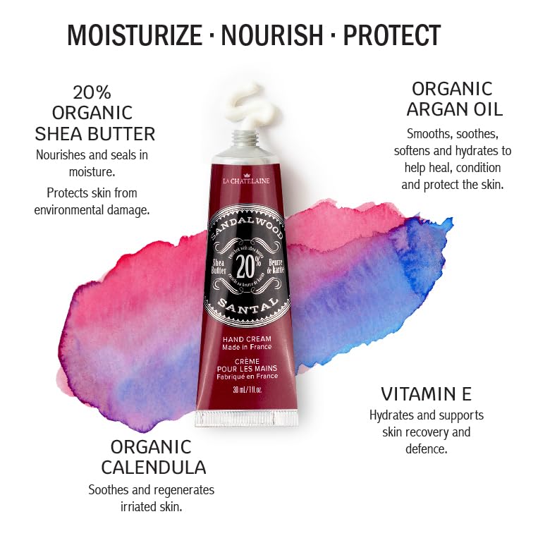 La Chatelaine 20% Shea Butter Hand Cream Travel Size, Men, Unisex, Organic Argan Oil, Moisturizing, Nourishing, Extra-Rich Hand Lotion, Made in France, Paraben Free, 1 oz / 30ml (Sandalwood) - Image 2