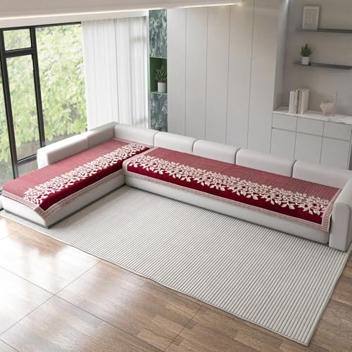 Nendle Superior Velvet Floral Sofa Mat 7 Seater Set Cover Durable Protector for Living Room Sofa Set 4+3, Suitable for L Shape, Sectional and U Shape Sofa (Maroon, Pack of 2) - Image 1