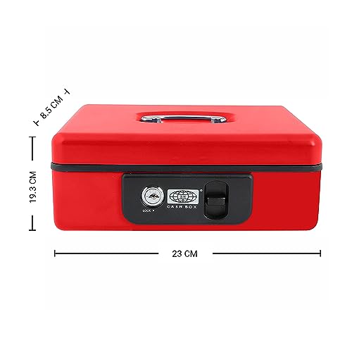 oddpod™ SR Taiwan Imported Metal Cash Box/Safe Locker Box for Jewellery, Money Box for Cash with Plastic Coin Storage Tray (Large Size)- Red - Image 2