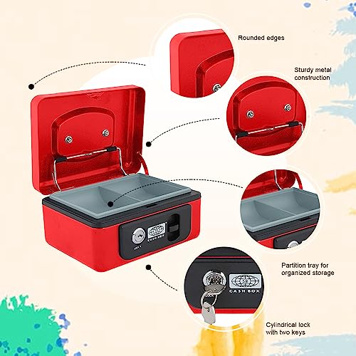 oddpod™ SR Taiwan Imported Metal Cash Box/Safe Locker Box for Jewellery, Money Box for Cash with Plastic Coin Storage Tray (Large Size)- Red - Image 4