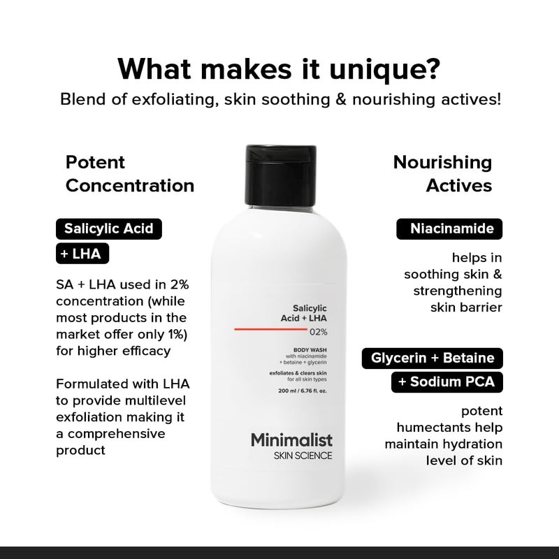 Minimalist 2% Salicylic Acid Body Wash | Acne Body Wash for Exfoliating, Excess Sweat, Rough & Bumpy Skin | Sulphate (SLS), Dye, & Fragrance Free | Shower Gel For Women & Men | 6.76 Fl Oz / 200 ml - Image 4