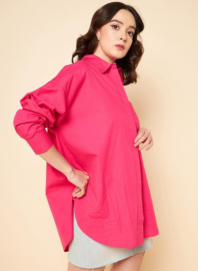 HIGH STAR Women's Pink 100% Cotton Solid Pattern Button Down Shirt - Image 5