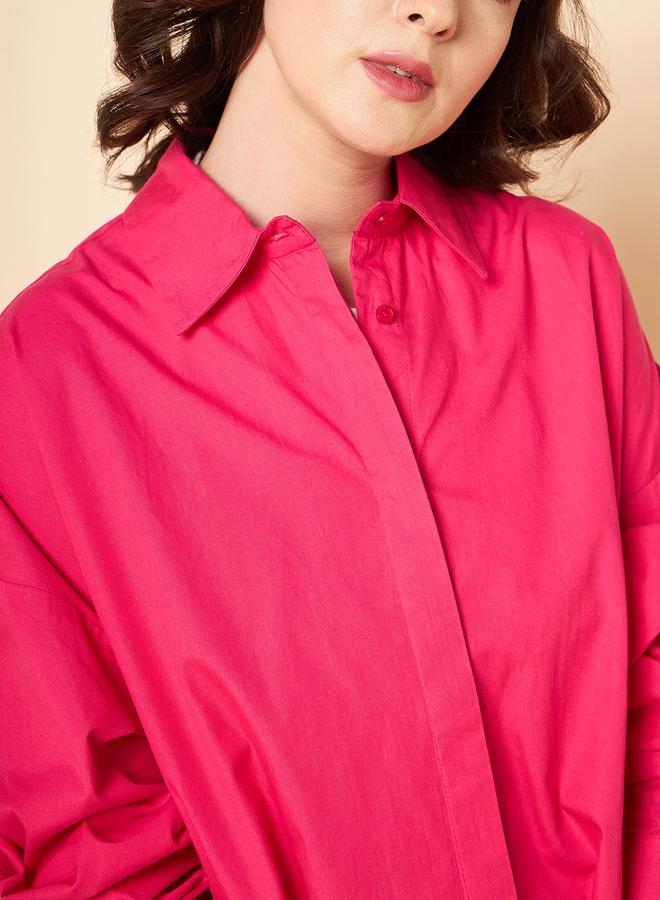 HIGH STAR Women's Pink 100% Cotton Solid Pattern Button Down Shirt - Image 3