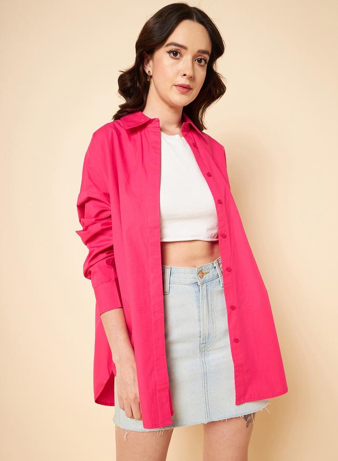 HIGH STAR Women's Pink 100% Cotton Solid Pattern Button Down Shirt - Image 1
