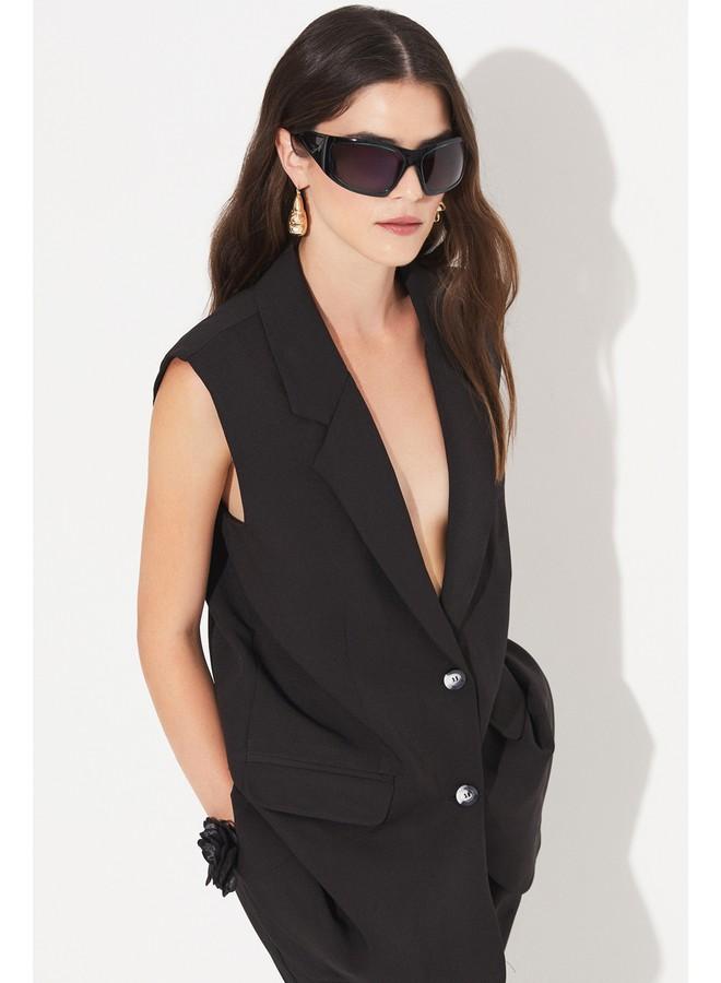 جون فيست نسائي أسود بياقة بأزرار وتفاصيل منسوجة بمقاس واسع - Image 3