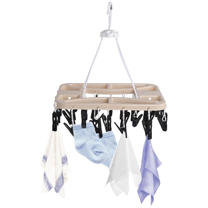 Heart Home Heart Home Plastic Cloth Drying Hanger with 28 Clips 360 Rotating Baby Dress Hanger for Clothes Indoor Outdoor Balcony Roof Hanging Stand for Wet Socks Scarf Caps Beige - Image 1