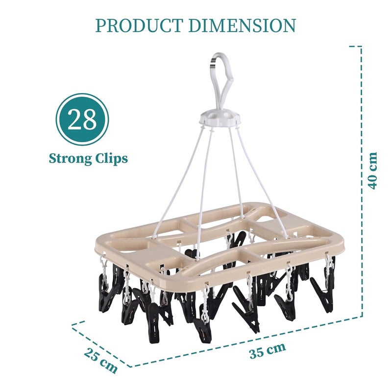 Heart Home Heart Home Plastic Cloth Drying Hanger with 28 Clips 360 Rotating Baby Dress Hanger for Clothes Indoor Outdoor Balcony Roof Hanging Stand for Wet Socks Scarf Caps Beige - Image 3